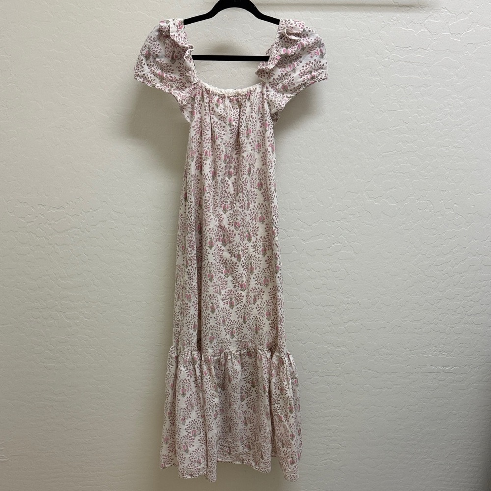 Mirth Elegant Floral Peacock Print Puff Sleeve Square Neck Maxi Dress